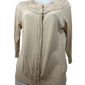 FYLO beige cardigan sweater with round cutwork neckline WOMEN S